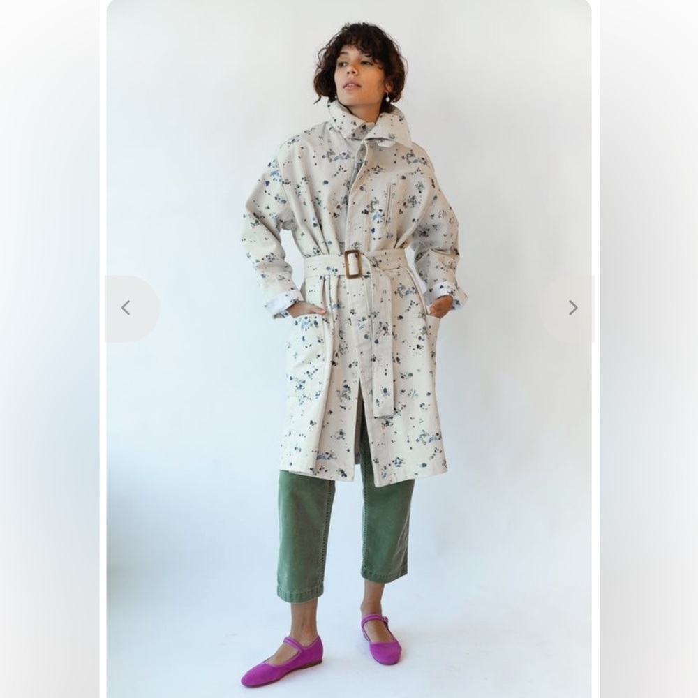 Caron Callahan Cream and Navy Patterned Trench Coat